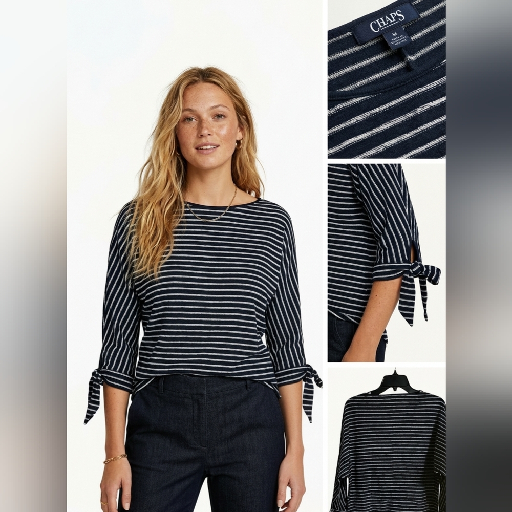 New Chaps Striped Boatneck Top Cotton Bow Tie Sleeves